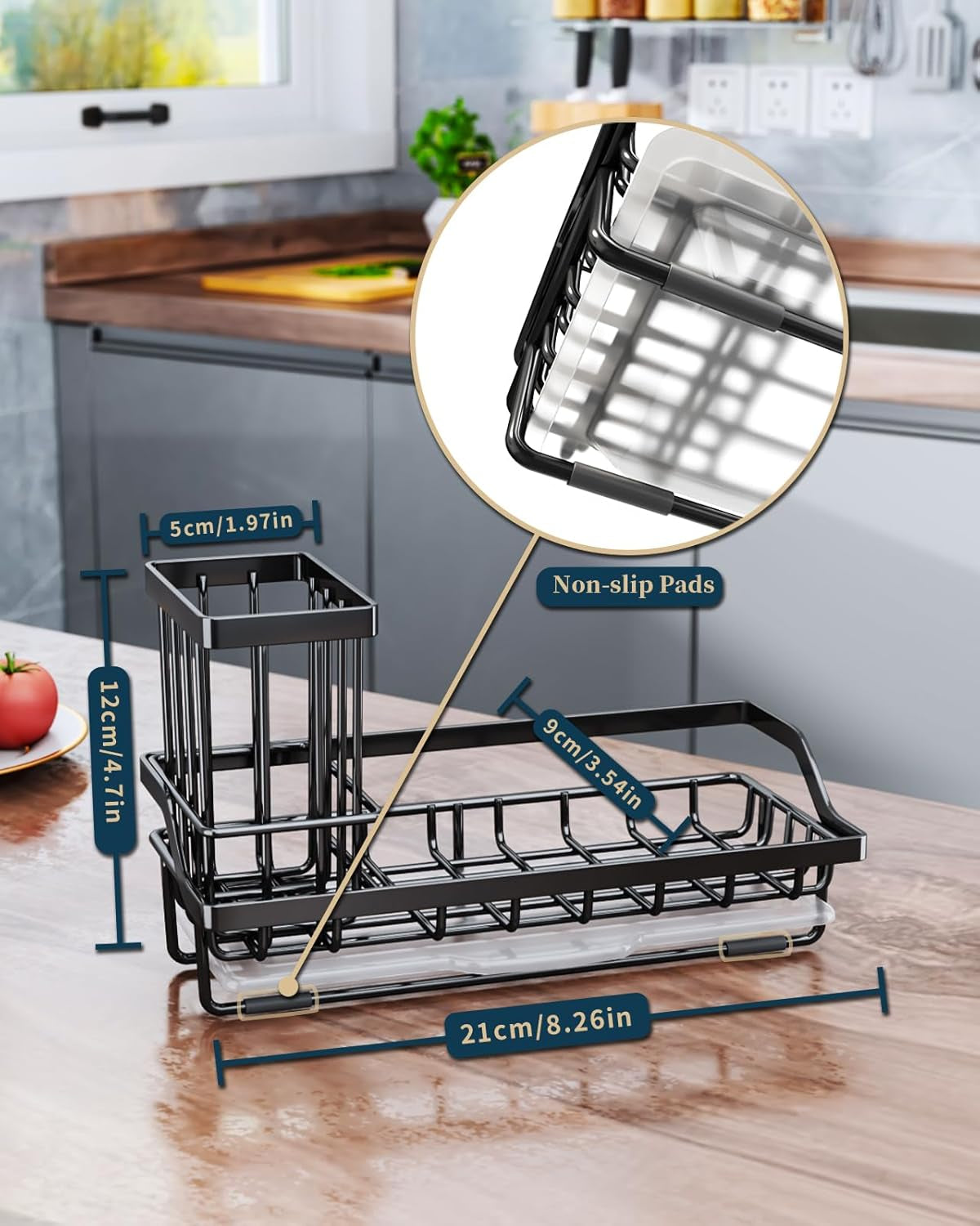 Sponge Holder for Kitchen Sink - Kitchen Sink Caddy Organizer with Removable Drip Tray for Countertop Dish Soap Dispenser Brush Storage Accessories 304 Stainless Steel - Black