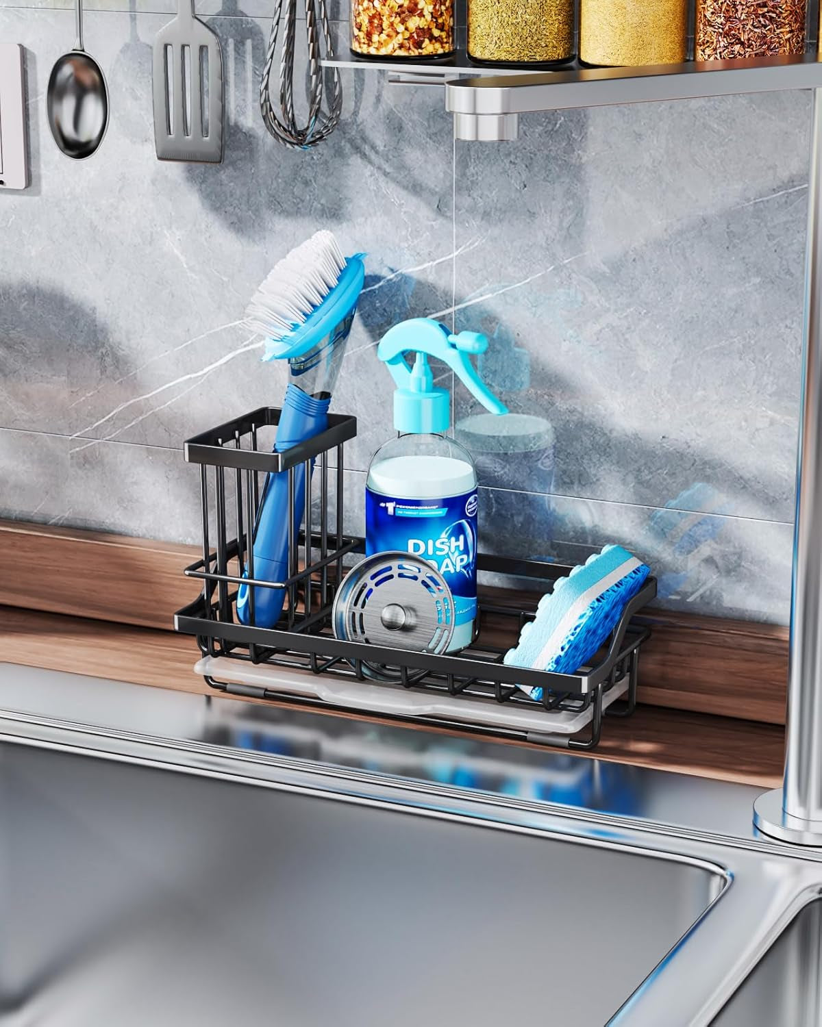 Sponge Holder for Kitchen Sink - Kitchen Sink Caddy Organizer with Removable Drip Tray for Countertop Dish Soap Dispenser Brush Storage Accessories 304 Stainless Steel - Black